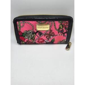 Betsey Johnson Pink Cat Zip Around Wallet Black Patent Trim Gold Zipper